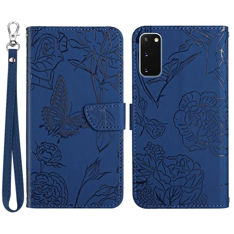 Для Samsung Galaxy S20 4G/5G Skin Touch Cement Ceather Case Butterfly Flower Patter - Синий