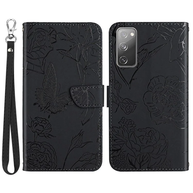 Pour Samsung Galaxy S20 FE 2022 / S20 FE / S20 Fan Edition / S20 FE 5G / S20 Édition de Ventilateur 5G Butterfly Fleur Portefeuille Flip Case pu le Cuir Bracelet Bracelet Skin-touch Feeling Feeling Téléphone Cover Téléphone - le Noir