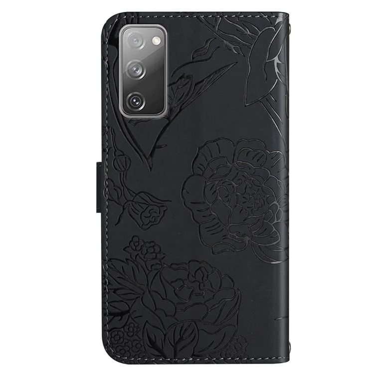 For Samsung Galaxy S20 FE 2022/S20 FE/S20 Fan Edition/S20 FE 5G/S20 Fan Edition 5G Butterfly Flower Imprinted Wallet Flip Case PU Leather Wrist Strap Stand Skin-touch Feeling Phone Cover - Black