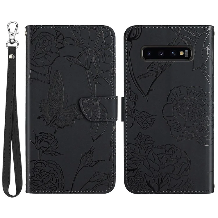 Pour Samsung Galaxy S10 4G Skin-touch Feeling Butterfly Flower Imprinted Flip Wallet Case PU Leather Magnetic Closure Stand Cover with Hand Strap - Noir