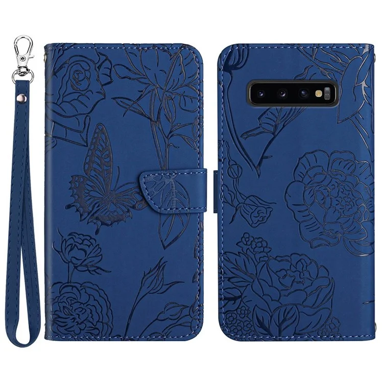 For Samsung Galaxy S10 4G Skin-touch Feeling Butterfly Flower Imprinted Flip Wallet Case PU Leather Magnetic Closure Stand Cover with Hand Strap - Blue
