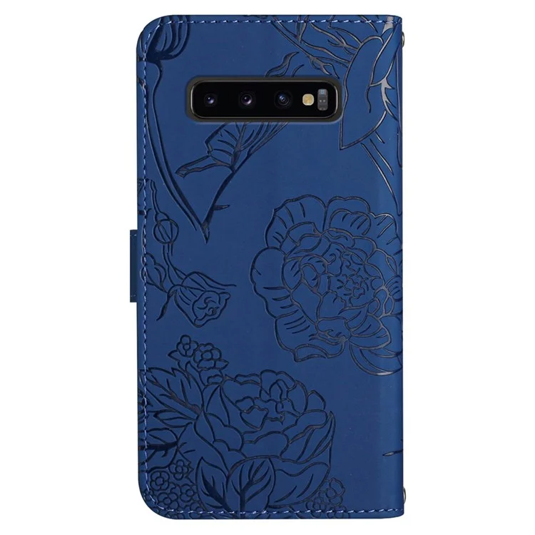 For Samsung Galaxy S10 4G Skin-touch Feeling Butterfly Flower Imprinted Flip Wallet Case PU Leather Magnetic Closure Stand Cover with Hand Strap - Blue
