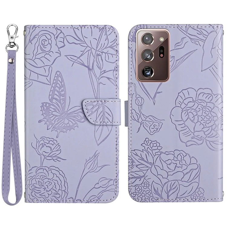 For Samsung Galaxy Note20 Ultra / Note20 Ultra 5G PU Leather Book Wallet Case Skin-touch Feeling Butterfly Flower Imprinted Strap Stand Feature Cover - Light Purple