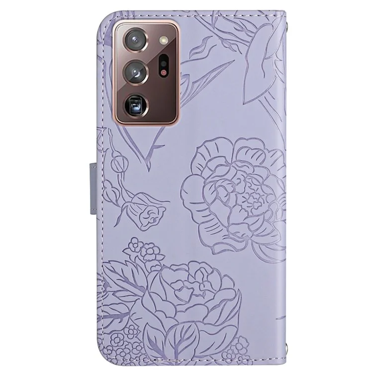 For Samsung Galaxy Note20 Ultra / Note20 Ultra 5G PU Leather Book Wallet Case Skin-touch Feeling Butterfly Flower Imprinted Strap Stand Feature Cover - Light Purple