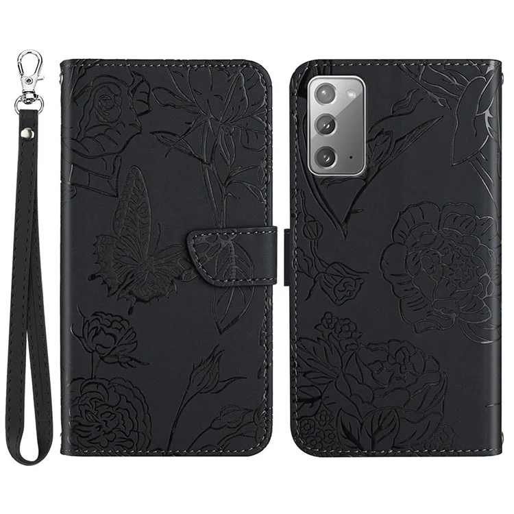Pour Samsung Galaxy Note20 / Note20 5g Papillon Fleur Imprimé Skin-Touch Touch Touch Portefeuille Cuir PU Protéger Magnétique PROTEUR POWER Couvercle De Support Avec Bracelet À La Main - Le Noir
