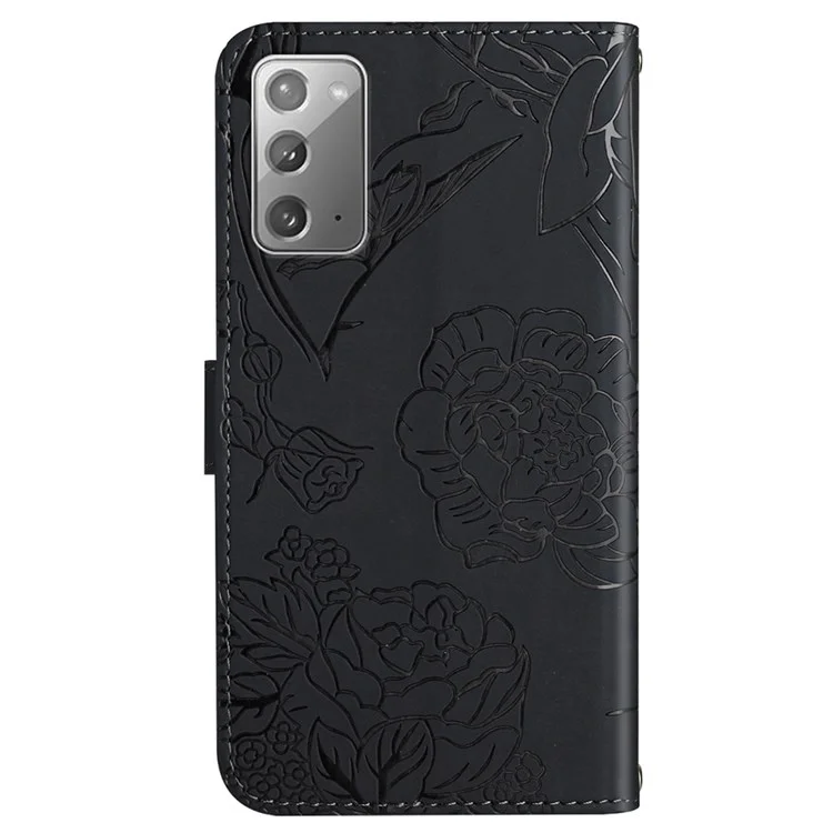 Pour Samsung Galaxy Note20 / Note20 5g Papillon Fleur Imprimé Skin-Touch Touch Touch Portefeuille Cuir PU Protéger Magnétique PROTEUR POWER Couvercle De Support Avec Bracelet À La Main - Le Noir