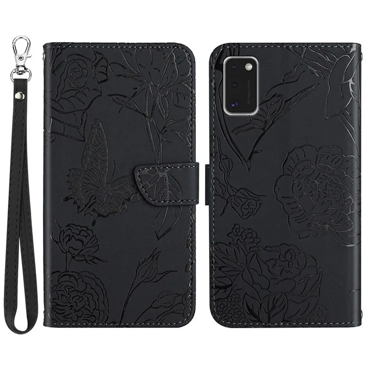 Für Samsung Galaxy A41 (Globale Version) Schmetterlingsblume Imprited PU-Leder Brieftasche Telefonabdeckung TPU Innenschale Haut-Touch-Gefühl-Stand-Stand-Folio-Hülle Mit Gurt - Schwarz