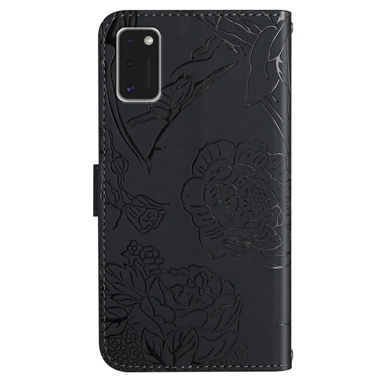 Für Samsung Galaxy A41 (Globale Version) Schmetterlingsblume Imprited PU-Leder Brieftasche Telefonabdeckung TPU Innenschale Haut-Touch-Gefühl-Stand-Stand-Folio-Hülle Mit Gurt - Schwarz