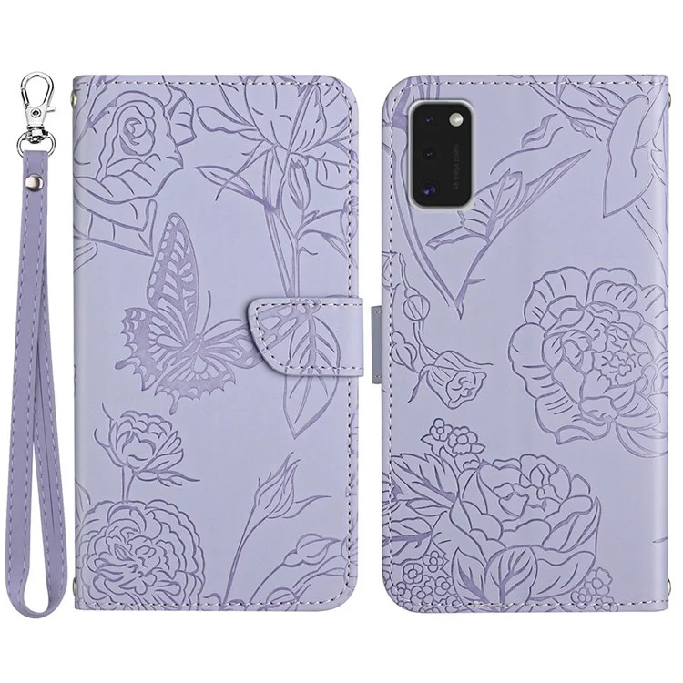 Pour Samsung Galaxy A41 (Version Globale) Fleur De Papillon Imprimé Couvercle De Téléphone Portable Cuir PU Couvercle TPU Inner Shell Skin-Touch Sentier Stand Stand Folio Case Avec Bracelet - Violet Clair