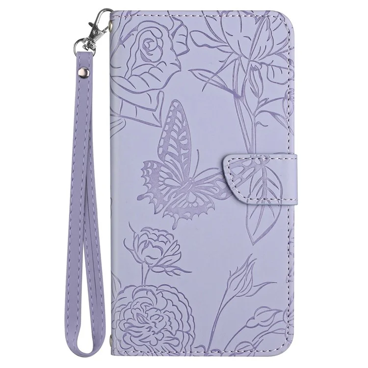 Pour Samsung Galaxy A41 (Version Globale) Fleur De Papillon Imprimé Couvercle De Téléphone Portable Cuir PU Couvercle TPU Inner Shell Skin-Touch Sentier Stand Stand Folio Case Avec Bracelet - Violet Clair