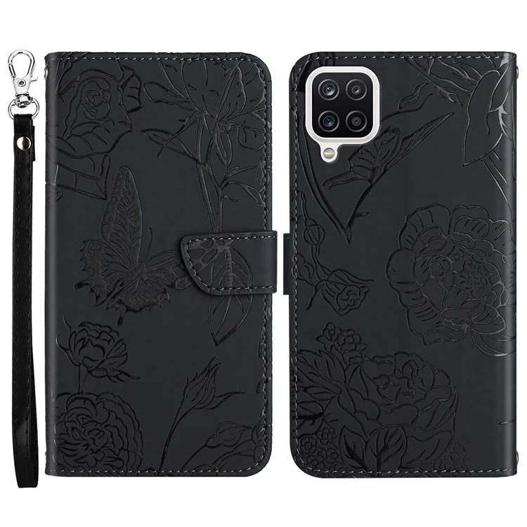 For Samsung Galaxy A42 5G Anti-drop Wallet Phone Case Shockproof Soft Touch PU Leather Phone Protector Stylish Butterflies Imprinted Anti-fingerprint Stand Cover with Strap - Black