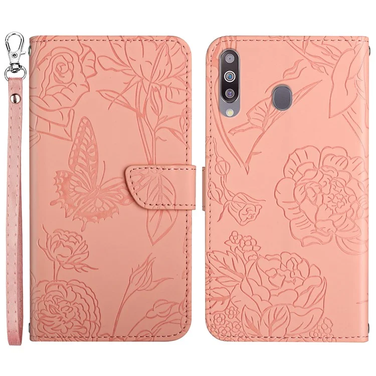 For Samsung Galaxy A20s Butterfly Flower Pattern Imprinted Leather Phone Cover Skin-touch Feeling Wallet Stand Case with Wrist Strap - Pink