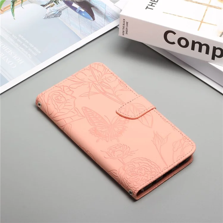 For Samsung Galaxy A20s Butterfly Flower Pattern Imprinted Leather Phone Cover Skin-touch Feeling Wallet Stand Case with Wrist Strap - Pink