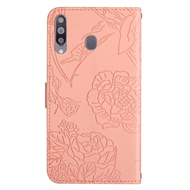 For Samsung Galaxy A20s Butterfly Flower Pattern Imprinted Leather Phone Cover Skin-touch Feeling Wallet Stand Case with Wrist Strap - Pink