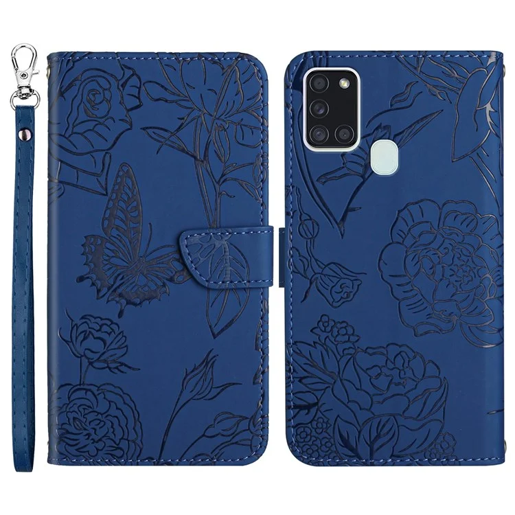 Anti-drop Wallet Phone Case for Samsung Galaxy A21s (EU Version) Shockproof Soft Touch PU Leather Folio Flip Cover Butterflies Imprinted Anti-fingerprint Stand Cover with Strap - Blue
