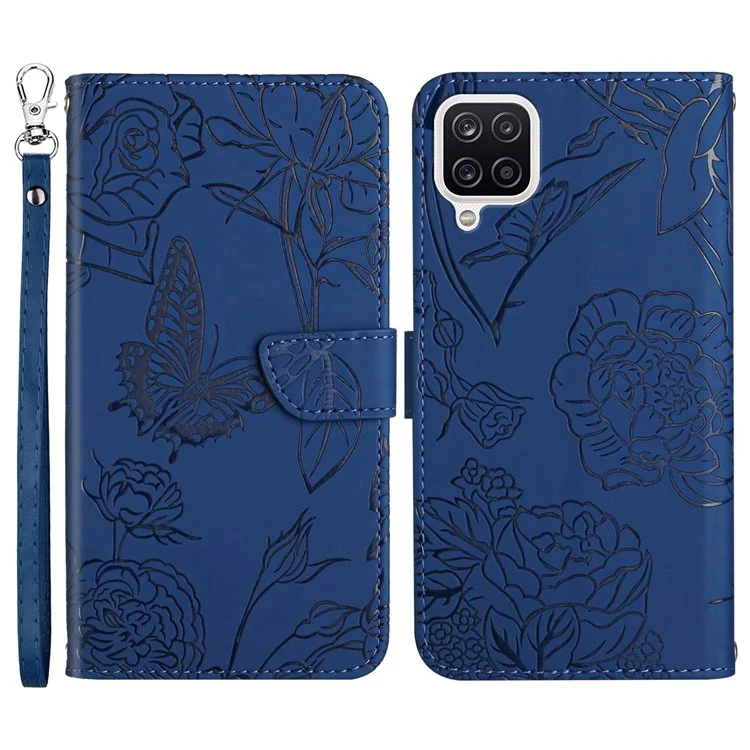 Para Samsung Galaxy M12/A12 4G Piel sintética y suave Estuche de teléfono móvil Bolsa con estampado de mariposa y flor Cartera con tapa y muñequera - Azul