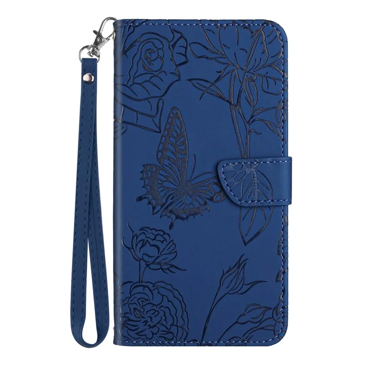 Para Samsung Galaxy M12/A12 4G Piel sintética y suave Estuche de teléfono móvil Bolsa con estampado de mariposa y flor Cartera con tapa y muñequera - Azul