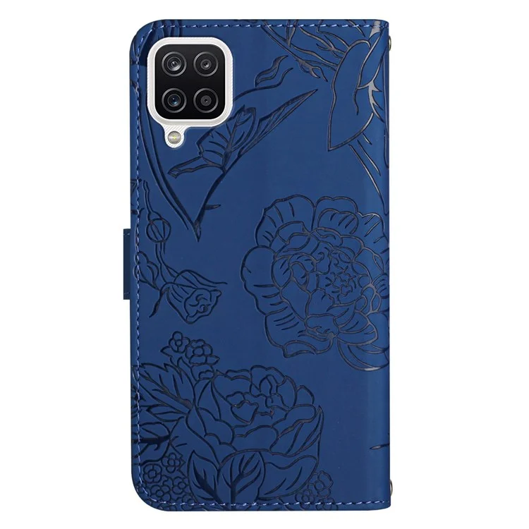 Para Samsung Galaxy M12/A12 4G Piel sintética y suave Estuche de teléfono móvil Bolsa con estampado de mariposa y flor Cartera con tapa y muñequera - Azul