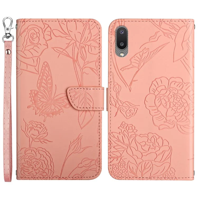 Para Samsung Galaxy A02 (versión de la Ue) Toque de Toque de Piel Cubierta de Teléfonos Teléfono Anti-fingerprint PU Caja Celular Bag Patrón de Flores de Mariposa - Rosado