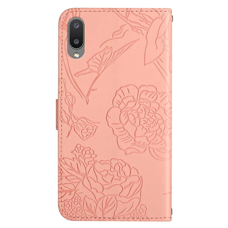 Para Samsung Galaxy A02 (versión de la Ue) Toque de Toque de Piel Cubierta de Teléfonos Teléfono Anti-fingerprint PU Caja Celular Bag Patrón de Flores de Mariposa - Rosado