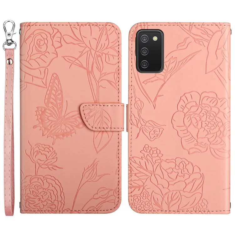 For Samsung Galaxy A02s (164.2x75.9x9.1mm)/F02s Protective Case Shockproof Soft Touch PU Leather Folio Flip Cover Butterflies Imprinted Anti-fingerprint Wallet Stand Cover with Strap - Pink