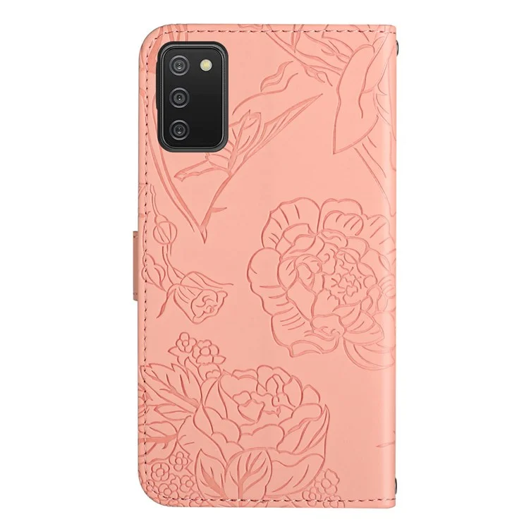 For Samsung Galaxy A02s (164.2x75.9x9.1mm)/F02s Protective Case Shockproof Soft Touch PU Leather Folio Flip Cover Butterflies Imprinted Anti-fingerprint Wallet Stand Cover with Strap - Pink