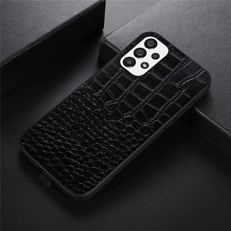 For Samsung Galaxy A53 5G Crocodile Texture Mobile Phone Case Genuine Cowhide Leather Coated PC + TPU Cover - Black