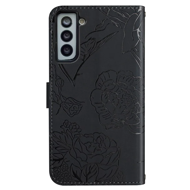 Für Samsung Galaxy S22 + 5G Schmetterlingsblume Imprited Haut-Touch-Ledertasche Brieftasche Stand Telefonschale Mit Handgurt - Schwarz