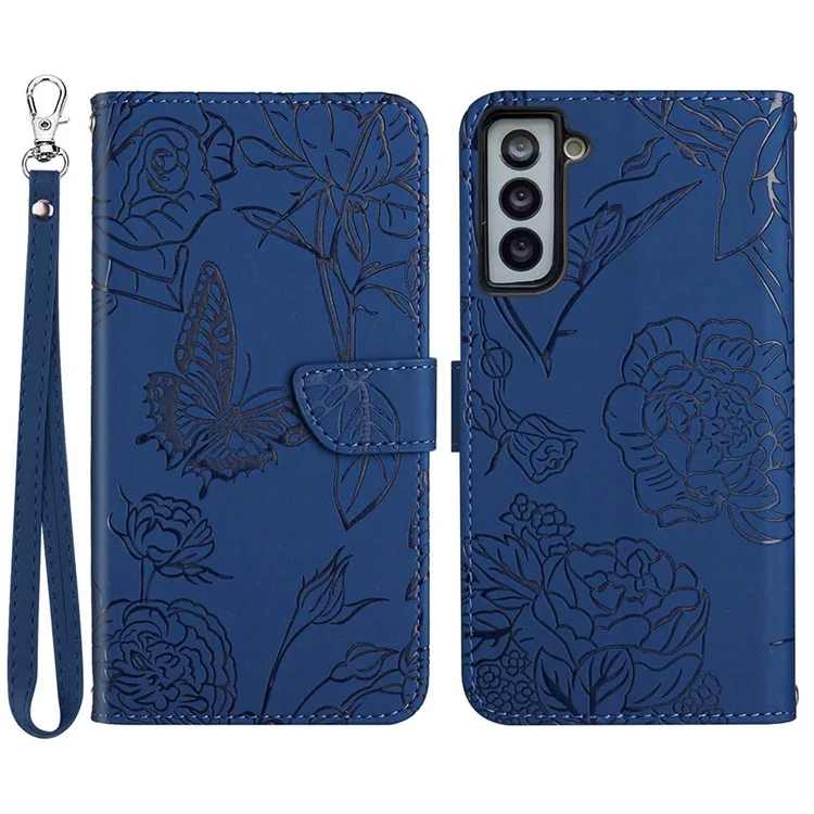 Imprinting Butterfly Flower Phone Case for Samsung Galaxy S22 5G, Skin-touch Wallet Stand PU Leather Cover with Hand Strap - Blue