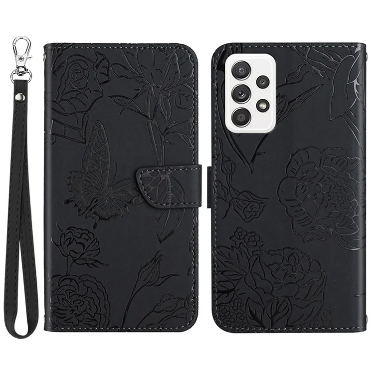 Imprinting Butterfly Flower Leather Cover for Samsung Galaxy A33 5G, Wallet Stand Function Skin-touch Phone Shell with Hand Strap - Black