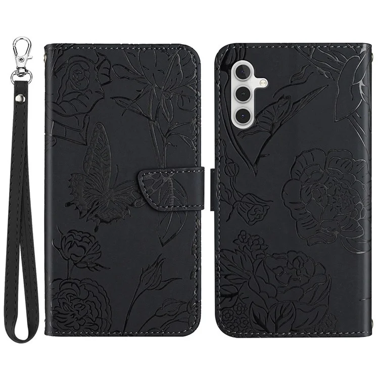 Butterfly Flower Imprinted Phone Cover for Samsung Galaxy A13 5G / A04s 4G (164.7 x 76.7 x 9.1 mm), Skin-touch PU Leather Wallet Cover Flip Stand Case with Hand Strap - Black