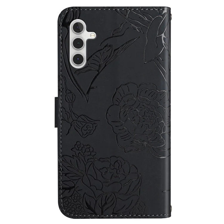 Butterfly Flower Imprinted Phone Cover for Samsung Galaxy A13 5G / A04s 4G (164.7 x 76.7 x 9.1 mm), Skin-touch PU Leather Wallet Cover Flip Stand Case with Hand Strap - Black