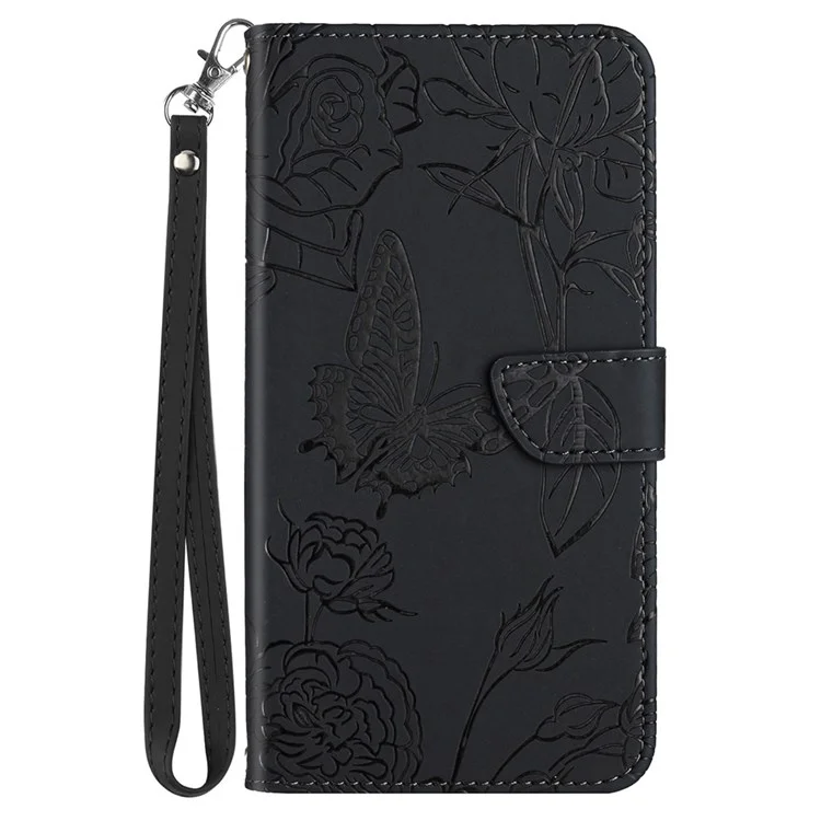 Butterfly Flower Imprinted Phone Cover for Samsung Galaxy A13 5G / A04s 4G (164.7 x 76.7 x 9.1 mm), Skin-touch PU Leather Wallet Cover Flip Stand Case with Hand Strap - Black