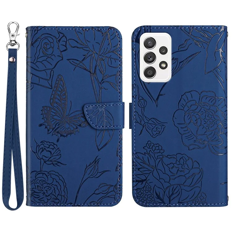 Butterfly Flower Imprinted Phone Cover for Samsung Galaxy A53 5G, Wallet Function Skin-touch PU Leather Stand Shell with Hand Strap - Blue