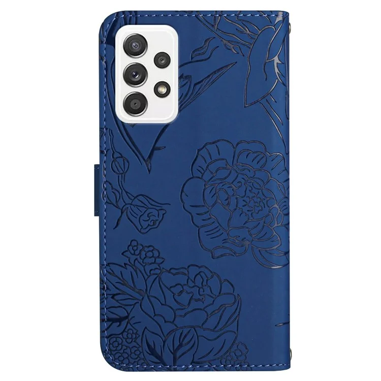 Butterfly Flower Imprinted Phone Cover for Samsung Galaxy A53 5G, Wallet Function Skin-touch PU Leather Stand Shell with Hand Strap - Blue
