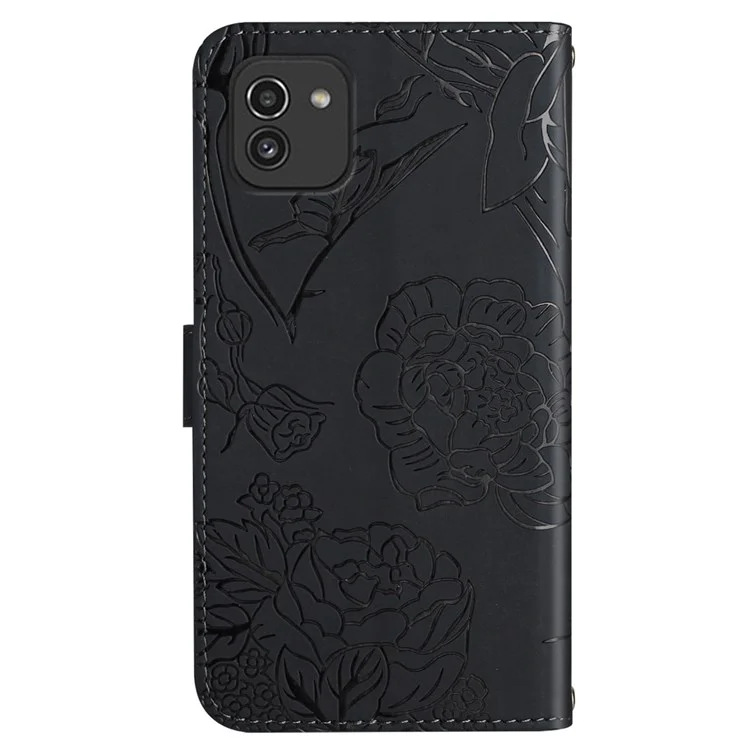 Per Samsung Galaxy A03 (164.2 X 75,9 X 9.1mm) Custodia In Pelle Touch Skin-touch Farfalla Fiore Impronto Portafoglio Stand Copertura Protettiva Con Cinturino Da Polso - Nero