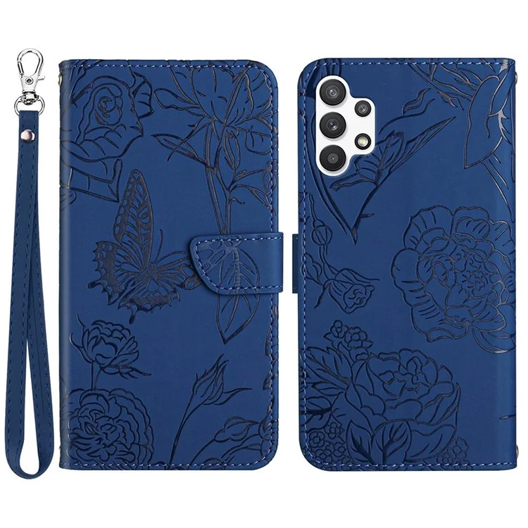 For Samsung Galaxy A23 5G (Global Version) / 4G Skin-touch Wallet Phone Case Butterfly Flower Imprinted PU Leather Stand Feature Flip Cover with Detachable Wrist Strap - Blue