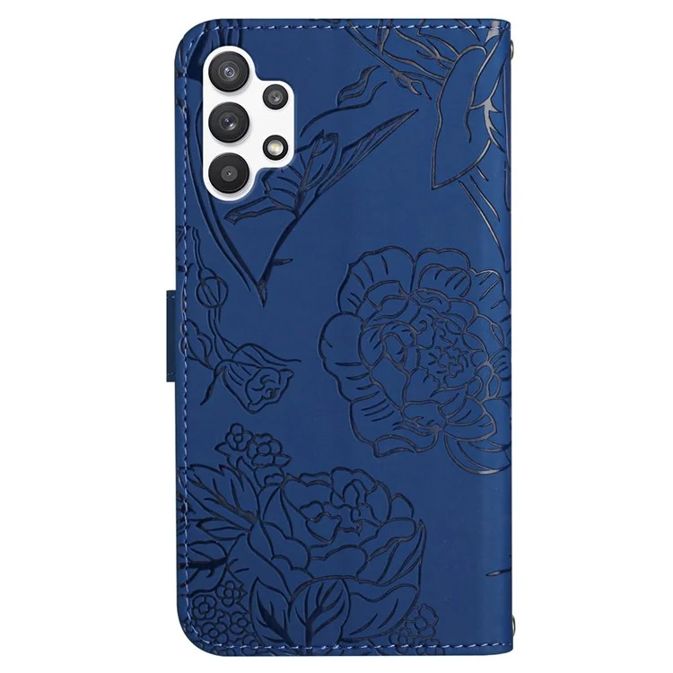 For Samsung Galaxy A23 5G (Global Version) / 4G Skin-touch Wallet Phone Case Butterfly Flower Imprinted PU Leather Stand Feature Flip Cover with Detachable Wrist Strap - Blue