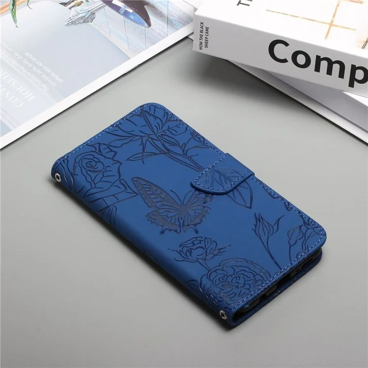 For Samsung Galaxy A23 5G (Global Version) / 4G Skin-touch Wallet Phone Case Butterfly Flower Imprinted PU Leather Stand Feature Flip Cover with Detachable Wrist Strap - Blue