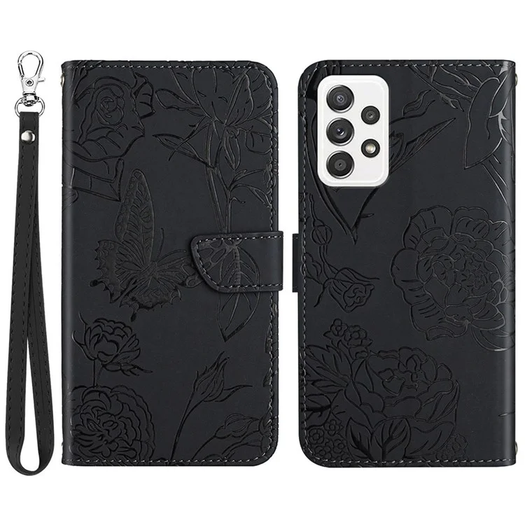 Für Samsung Galaxy A73 5G Eingeprägte Schmetterlingsblume PU Leder Brieftasche Hülle Magnetische Folio-ständer Haut-touch-telefonabdeckung Mit Handgurt - Schwarz