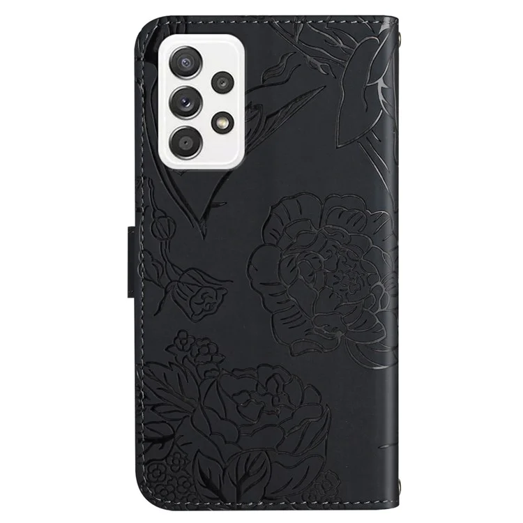 Für Samsung Galaxy A73 5G Eingeprägte Schmetterlingsblume PU Leder Brieftasche Hülle Magnetische Folio-ständer Haut-touch-telefonabdeckung Mit Handgurt - Schwarz