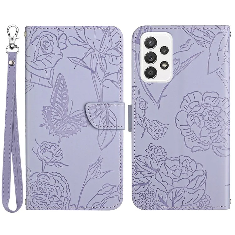 Per Samsung Galaxy A73 5G Empronta Floro Flower Porone Polocchietto Magnetica Poperta Per la Pelle Cover Per la Cinghia Delle Mani Con Cinturino - Viola Chiaro