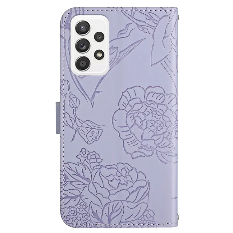 Per Samsung Galaxy A73 5G Empronta Floro Flower Porone Polocchietto Magnetica Poperta Per la Pelle Cover Per la Cinghia Delle Mani Con Cinturino - Viola Chiaro