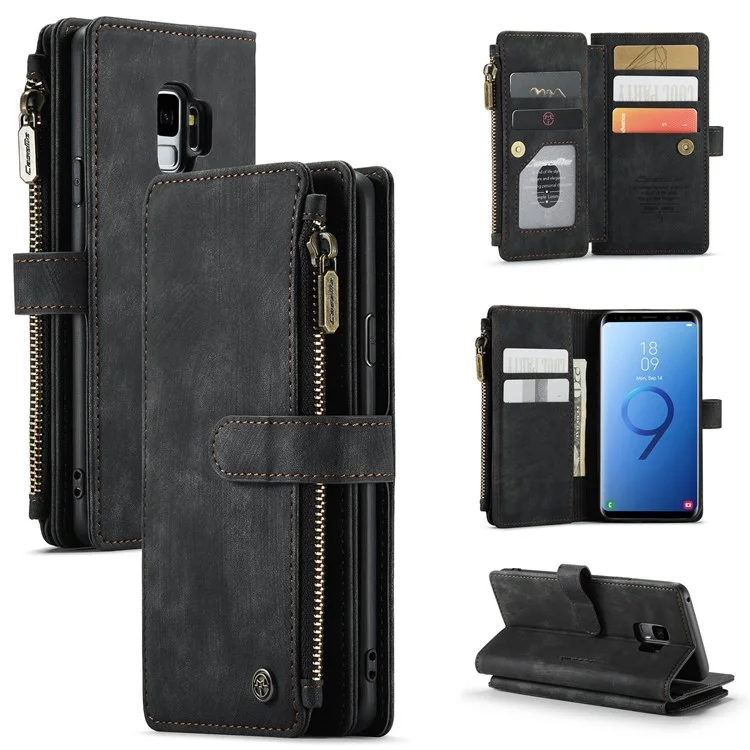 CASEME C30 Series for Samsung Galaxy S9 Supporting Stand Design PU Leather Phone Case Shockproof Zipper Pocket Wallet Phone Cover - Black