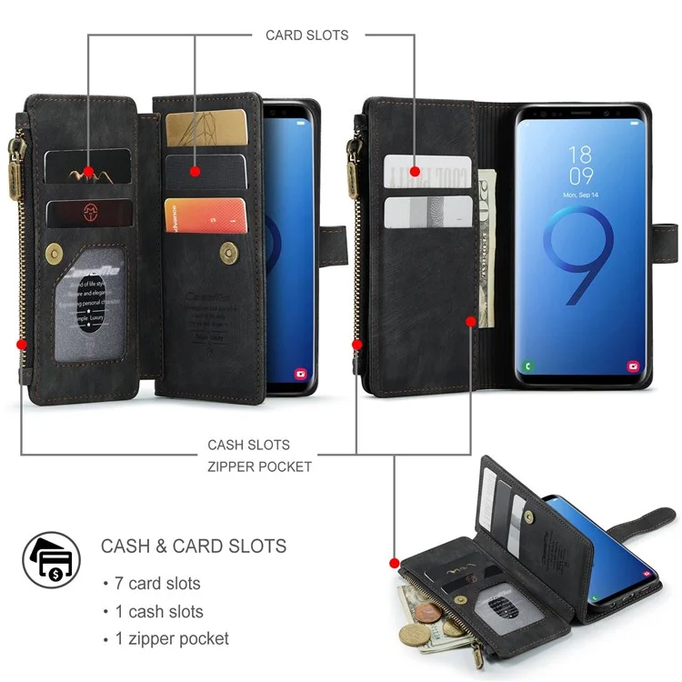 CASEME C30 Series for Samsung Galaxy S9 Supporting Stand Design PU Leather Phone Case Shockproof Zipper Pocket Wallet Phone Cover - Black