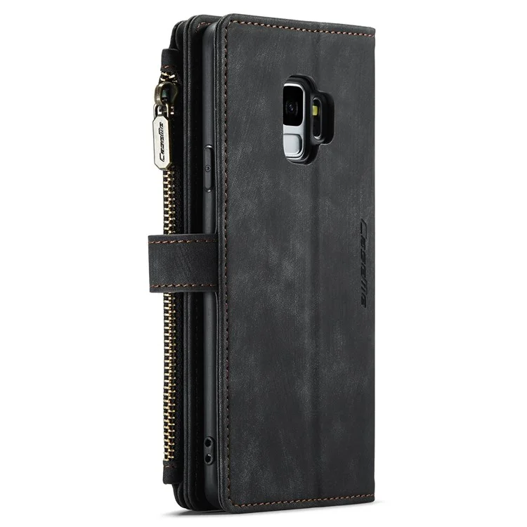 CASEME C30 Series for Samsung Galaxy S9 Supporting Stand Design PU Leather Phone Case Shockproof Zipper Pocket Wallet Phone Cover - Black