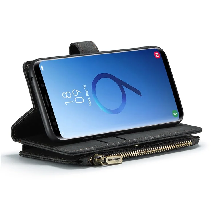 Serie Caseme C30 Para Samsung Galaxy S9 Soporte Diseño de Soporte PU Caja de Teléfono de Cuero Policita Para la Cremallera Fuera Del Teléfono de la Billetera de Bolsillo - Negro