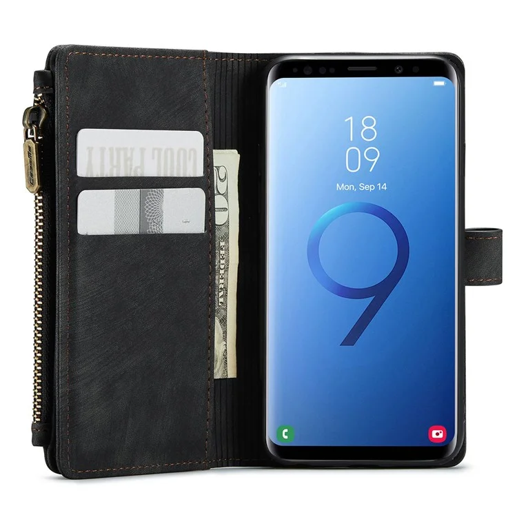 CASEME C30 Series for Samsung Galaxy S9 Supporting Stand Design PU Leather Phone Case Shockproof Zipper Pocket Wallet Phone Cover - Black