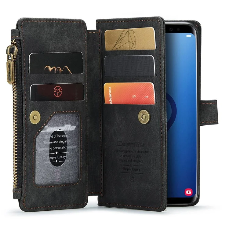 CASEME C30 Series for Samsung Galaxy S9 Supporting Stand Design PU Leather Phone Case Shockproof Zipper Pocket Wallet Phone Cover - Black