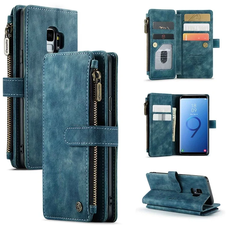 For Samsung Galaxy S9 Phone Cases with Strap CASEME C30 Zipper Multiple Card Holder PU Leather Cover - Blue